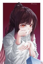 Rule 34 | 1girl, artist name, border, brown hair, carton, commentary request, covering own mouth, drink, drinking straw, female focus, gradient background, gradient hair, hand over own mouth, hand up, highres, indie virtual youtuber, long hair, long sleeves, looking at viewer, mana (manasenshou), multicolored hair, orange eyes, outside border, outstretched hand, pink hair, ponytail, pov, red background, shirt, sidelocks, solo, spanish commentary, suggestive fluid, twitter username, two-tone hair, upper body, virtual youtuber, white border, white shirt, yogurt, yomeguri hana