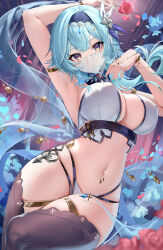 Rule 34 | 1girl, absurdres, adapted costume, arm up, armlet, armpits, asymmetrical hair, black hairband, black thighhighs, blue gemstone, blue hair, blue nails, blurry, breasts, cleavage, closed mouth, congqian you ke xing, covered erect nipples, crop top, depth of field, eula (genshin impact), falling petals, flower, gem, genshin impact, glint, gradient eyes, hairband, hand up, harem outfit, highres, holding, holding flower, jewelry, large breasts, looking at viewer, medium hair, mouth veil, multi-strapped panties, multicolored eyes, navel, no pants, paid reward available, panties, petals, purple eyes, red flower, red rose, ring, rose, rose petals, see-through, sideboob, sidelocks, solo, stomach, string panties, thighhighs, thighlet, thighs, underbust, underwear, veil, yellow eyes