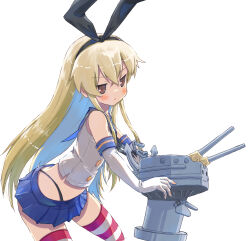 Rule 34 | 1girl, absurdres, akayama yukihe, black ribbon, blonde hair, blue sailor collar, blue skirt, blush, brown eyes, commentary request, cowboy shot, crossed bangs, elbow gloves, eyelashes, from side, gloves, hair between eyes, hair ribbon, highleg, highleg panties, highres, jitome, kantai collection, leaning forward, long hair, looking at viewer, miniskirt, open mouth, panties, pleated skirt, rensouhou-chan, ribbon, sailor collar, shimakaze (kancolle), shirt, sidelocks, simple background, skirt, sleeveless, sleeveless shirt, solo, standing, straight hair, striped clothes, striped thighhighs, thighhighs, underwear, v-shaped eyebrows, very long hair, white background, white gloves, white shirt, zettai ryouiki