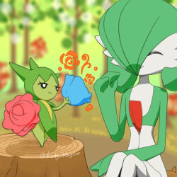Rule 34 | 2girls, ^ ^, artist name, black eyes, blue flower, blue rose, blurry, blurry background, bob cut, bright pupils, closed eyes, closed mouth, colored skin, creatures (company), day, female focus, flat chest, flower, game freak, gardevoir, gen 3 pokemon, green hair, green skin, hair over one eye, half-closed eyes, hand up, happy, hoshinonmi, legs together, looking at another, monster girl, multicolored skin, multiple girls, nintendo, one eye covered, outdoors, plant girl, pokemon, pokemon (creature), red flower, red rose, rose, roselia (pokemon), short hair, signature, sitting, size difference, smile, standing, tree stump, twitter username, two-tone skin, white pupils, white skin
