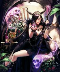 Rule 34 | 1girl, black dress, black hair, bracelet, breasts, chalice, cleavage, cup, dress, feathers, flower, ghost, hair ornament, hair over one eye, hair ribbon, jewelry, lich, long hair, looking at viewer, necklace, ribbon, shingoku no valhalla gate, skeleton, skull, solo, staff, suda ayaka, thighs, witch