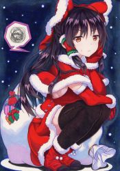 Rule 34 | 1girl, alternate costume, black hair, black thighhighs, blue background, boots, bow, box, breasts, brown eyes, capelet, commentary request, elbow gloves, gift, gift box, gloves, hair between eyes, hair tubes, hakurei reimu, head rest, highres, kittona, long hair, looking at viewer, medium breasts, miniskirt, pom pom (clothes), red bow, red capelet, red footwear, red gloves, red skirt, red vest, revision, sack, santa costume, shadow, sideboob, sidelocks, skirt, skirt set, snowing, solo, spoken squiggle, squatting, squiggle, sweat, thighhighs, touhou, traditional media, very long hair, vest, zettai ryouiki
