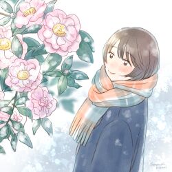 Rule 34 | 1girl, arms at sides, blue coat, blush stickers, brown eyes, brown hair, brown scarf, coat, flower, flower request, highres, looking at flowers, no nose, original, pink flower, scarf, short hair, signature, smile, snow, solo, winter, yamauchi hikari
