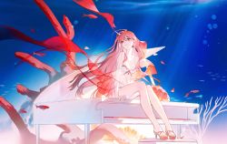 Rule 34 | 1girl, absurdres, air bubble, animal, artist name, bikini, bouquet, breasts, bubble, chipmuck, cleavage, coral, dated, detached sleeves, fish, floating hair, flower, forever 7th capital, full body, high heels, highres, instrument, light rays, long hair, looking away, looking to the side, looking up, nail polish, ocean, olucia (forever 7th capital), on piano, piano, pink footwear, pink hair, pink nails, red eyes, red flower, red rose, rose, see-through, sitting, sitting on piano, smile, solo, starfish earrings, strapless, submerged, swimsuit, toenail polish, toenails, underwater, very long hair, white bikini