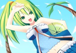 Rule 34 | 1girl, arm up, ball, beachball, beatmania, beatmania iidx, belt, blue skirt, blue tube top, breasts, commentary request, dutch angle, green eyes, green hair, hair between eyes, kitami erika, long hair, looking at viewer, medium breasts, midriff, miya (chocolate holic), navel, open mouth, palm tree, ponytail, skirt, smile, solo, strapless, tree, tube top, upper body, watermelon beachball, white belt