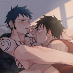 Rule 34 | 2boys, bed, black hair, black shirt, blush, chest tattoo, commentary request, couple, demorzel, earrings, facial hair, facial scar, goatee, highres, implied sex, indoors, jewelry, leg grab, legs up, looking at another, lying, male focus, monkey d. luffy, multiple boys, one piece, pillow, scar, scar on cheek, scar on face, shirt, short hair, shoulder tattoo, sweatdrop, tattoo, trafalgar law, yaoi