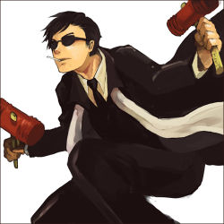 Rule 34 | 1boy, black lagoon, chakoiking, cigarette, dual wielding, formal, holding, koguchi (kgc030), lowres, male focus, mr. chang, simple background, smoking, solo, suit, sunglasses, toy hammer, white background