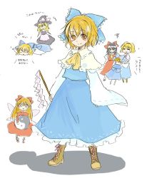 Rule 34 | 3girls, = =, ^^^, alice margatroid, annoyed, apron, ascot, blonde hair, blue dress, boots, bow, brown eyes, capelet, child, cross-laced footwear, detached sleeves, doll, dress, female focus, hair bow, hakurei aimu, hakurei reimu, hat, if they mated, kirisame marisa, kuronoa, large bow, looking at viewer, lying, multiple girls, on stomach, red dress, shanghai doll, simple background, skirt, skirt set, smile, squiggle, standing, sweatdrop, touhou, translated, tsukikage noa, waist apron, white background, wide sleeves, witch, witch hat, yellow eyes, yin yang