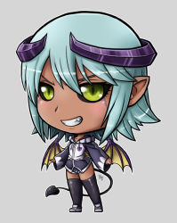 Rule 34 | 10s, 1girl, black sclera, blue hair, chibi, colored sclera, dark skin, dark-skinned female, demon girl, facial mark, female focus, flat chest, full body, grin, henpendrips, hood, hoodie, horns, lilith (monster musume), long sleeves, looking at viewer, monster girl, monster musume no iru nichijou, petite, pointy ears, shoes, short shorts, shorts, single horn, slit pupils, smile, solo, tail, teeth, thighhighs, wings, yellow eyes