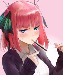 Rule 34 | 1girl, absurdres, black ribbon, blue eyes, blunt bangs, blush, brown cardigan, butterfly hair ornament, cardigan, commentary request, food, food in mouth, go-toubun no hanayome, hair ornament, hair ribbon, highres, ishiyuki, long sleeves, looking at viewer, nakano nino, open cardigan, open clothes, pink background, pink hair, pocky, pocky day, revision, ribbon, school uniform, shirt, short hair, simple background, solo, sweatdrop, upper body, white shirt