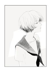 Rule 34 | 1girl, arm at side, backlighting, blending, border, closed eyes, collarbone, crosshatching, expressionless, floating hair, from side, greyscale, half-closed eyes, hatching (texture), linear hatching, looking away, matayoshi, monochrome, neck, neckerchief, negative space, nose, original, parted lips, profile, sailor collar, sailor shirt, school uniform, serafuku, shirt, short hair, short sleeves, sketch, solo, standing, upper body, white border