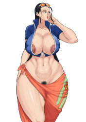 Rule 34 | 1girl, abs, areola slip, breasts, curvy, cyberboi, female pubic hair, highres, huge breasts, large areolae, long hair, nico robin, one piece, pubic hair, pubic hair peek, solo, wide hips