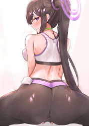 Rule 34 | 1girl, absurdres, ass, backboob, bare shoulders, black hair, black pants, blue archive, blush, breasts, choker, commentary request, from behind, hair between eyes, hair ornament, hair scrunchie, halo, highres, leggings, long hair, looking at viewer, medium breasts, midriff, muteppona hito, open mouth, pants, partial commentary, ponytail, purple eyes, pussy, scrunchie, sidelocks, simple background, solo, sports bra, spread pussy, spread pussy under clothes, squatting, sumire (blue archive), sweat, very long hair, white background, white sports bra, yellow choker, yoga pants