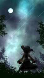 Rule 34 | 1girl, black hat, blouse, boots, from behind, green skirt, hat, heart, heart of string, komeiji koishi, landscape, leaf, long sleeves, moon, outdoors, shirt, shooting star, short hair, silver hair, skirt, sky, solo, star (sky), starry sky, touhou, tree, wavy hair, wide sleeves, yellow shirt, yulianess