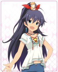 Rule 34 | 10s, 1girl, animal, animal on head, antenna hair, artist request, black hair, blue eyes, bow, earrings, fang, ganaha hibiki, hair bow, hamster, hamuzou, hand on own hip, idolmaster, idolmaster (classic), idolmaster million live!, idolmaster million live! theater days, jewelry, long hair, looking at viewer, midriff, necklace, official art, on head, open mouth, ponytail, short sleeves, shorts, smile, solo, very long hair