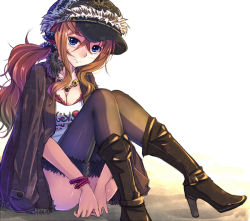 Rule 34 | 1girl, black thighhighs, blue eyes, blush, boots, bra, bracelet, breasts, brown hair, cleavage, coat, crossed bangs, fur-trimmed legwear, fur trim, hat, high heel boots, high heels, jacket, jacket on shoulders, jewelry, long hair, looking at viewer, necklace, open clothes, open jacket, original, ponytail, sitting, skull and crossbones, solo, suikakitsu shiro, thigh boots, thighhighs, underwear, xia you qing, zettai ryouiki