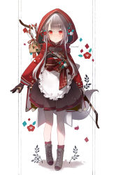 Rule 34 | 1girl, apron, arrow (projectile), bell, black skirt, boots, bow (weapon), brown gloves, capelet, commentary request, cross-laced footwear, ema, frilled apron, frills, full body, gloves, grey footwear, grey hair, hamaya, holding, holding bow (weapon), holding weapon, hood, hood up, hooded capelet, jingle bell, lace-up boots, little red riding hood, little red riding hood (grimm), long hair, looking at viewer, obi, parted lips, pleated skirt, quiver, red capelet, red eyes, red socks, ribbed legwear, sash, signature, skirt, socks, solo, standing, tail, waist apron, weapon, white apron, white background, yuzuyomogi