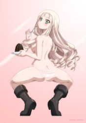 Rule 34 | 1girl, ass, blonde hair, breasts, butt crack, drill hair, eating, frilled panties, frills, girls und panzer, green eyes, kaname aomame, long hair, looking at viewer, looking back, marie (girls und panzer), nipples, no bra, panties, small breasts, topless, underwear, underwear only
