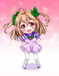 Rule 34 | 1girl, ahoge, bow, bowtie, brown eyes, brown hair, dress, full body, green bow, hair bow, long hair, looking at viewer, midori-chan (myslot), myslot, omochi (chirori01), open mouth, pink background, sailor collar, sailor dress, short sleeves, smile, solo, thighhighs, two side up