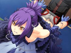 Rule 34 | 1girl, angry, arm grab, bare shoulders, benimura karu, bent over, breasts, breasts out, bunny black, bunny black 2, censored, clenched teeth, dress, game cg, gloves, hanging breasts, nipples, no bra, no panties, penis, purple hair, sex, short hair, sweat, teeth, vaginal, yellow eyes