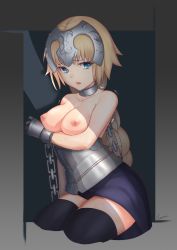 Rule 34 | 1girl, absurdres, bad id, bad pixiv id, blonde hair, bound, bound wrists, braid, breasts, chain, choker, fate/apocrypha, fate/grand order, fate (series), gauntlets, headpiece, highres, jeanne d&#039;arc (fate), jeanne d&#039;arc (ruler) (fate), lanzi (415460661), long hair, looking at viewer, nipples, single braid, solo, thighhighs, zettai ryouiki