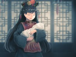 Rule 34 | 1girl, architecture, autumn leaves, baby, bad id, bad pixiv id, black dress, black hair, black headwear, black sleeves, bow, chinese clothes, closed eyes, door, dress, east asian architecture, floral print, flower, hands up, hat, junko (touhou), kougekiryoku, leaf, leaf print, light, long hair, long sleeves, open mouth, pom pom (clothes), red flower, red vest, shadow, smile, touhou, vest, wide sleeves, yellow bow, yellow flower, yellow neckwear
