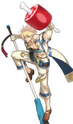 Rule 34 | 1boy, absurdres, belt, blonde hair, blue eyes, boned meat, cross, cross necklace, eyepatch, flagpole, food, full body, gloves, guilty gear, guilty gear 2, guilty gear xrd, highres, jewelry, loafers, male focus, meat, necklace, pectorals, shoes, sin kiske, solo, spiked hair, tetsu (kimuchi), weapon, white background, white gloves