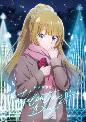 Rule 34 | 1girl, absurdres, aqua scrunchie, blonde hair, blue eyes, blunt bangs, brown coat, coat, commentary request, enpera, gift, hair ornament, hair scrunchie, happy valentine, highres, holding, holding gift, karuizawa kei, long hair, long sleeves, looking at viewer, night, official art, outdoors, parted lips, pink scarf, ponytail, scarf, scrunchie, sidelocks, solo, sparkle, valentine, youkoso jitsuryoku shijou shugi no kyoushitsu e