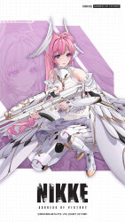Rule 34 | 1girl, armor, armored dress, artist request, bare shoulders, boots, breasts, copyright name, dorothy (nikke), elbow gloves, gloves, goddess of victory: nikke, greaves, grid background, gun, highres, holding, holding gun, holding weapon, kneeling, large breasts, long hair, nail polish, official art, pink hair, pink nails, purple eyes, solo, very long hair, weapon, zoom layer