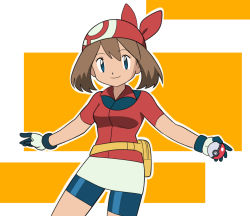Rule 34 | 1girl, bandana, bike shorts, blue eyes, breasts, brown hair, closed mouth, collared shirt, commentary request, cowboy shot, creatures (company), eyelashes, fanny pack, game freak, gloves, holding, holding poke ball, looking at viewer, may (pokemon), medium hair, nintendo, outline, outstretched arms, poke ball, poke ball (basic), pokemon, pokemon (anime), pokemon rse (anime), red bandana, red shirt, shirt, short sleeves, skirt, smile, solo, two-tone background, yume yoroi