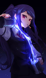 Rule 34 | 1girl, absurdres, alcohol, bartender, blue fire, cigar, cocktail, cup, decantering, fire, highres, holding, holding cup, jill stingray, necktie, pouring, purple hair, red eyes, smoking, solo, sparks, va-11 hall-a, vest, yumesphere