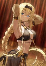 Rule 34 | 1girl, alice zuberg, alternate costume, armpits, arms behind head, black choker, black hairband, blonde hair, blue eyes, braid, braided ponytail, breasts, choker, commentary request, commission, criss-cross halter, curtains, dancer, detached sleeves, earrings, facing to the side, fagi (kakikaki), from side, hair intakes, hairband, halterneck, harem outfit, highres, indoors, jewelry, large breasts, long hair, looking at viewer, navel piercing, parted lips, piercing, skeb commission, solo, sword art online, sword art online: alicization, very long hair