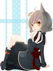 Rule 34 | 1girl, animal ears, bad id, bad pixiv id, blush, boots, bow, eirawen, finger to mouth, highres, looking back, mabinogi, open mouth, short hair, silver hair, sitting, skirt, solo, umxzo, yellow eyes