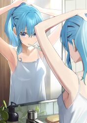 Rule 34 | 1girl, absurdres, adjusting hair, armpits, arms up, bar soap, bathroom, black hair, blue eyes, blue hair, bottle, highres, hololive, hoshimachi suisei, manjirou (manji illust), mirror, multicolored hair, nightgown, plant, ponytail, reflection, sink, soap, soap bottle, solo, star (symbol), star in eye, streaked hair, symbol in eye, toothbrush, toothbrush in mouth, virtual youtuber, white nightgown