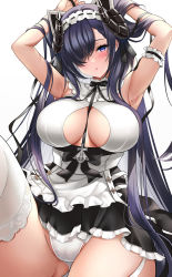 Rule 34 | 1girl, :o, armpits, august von parseval (azur lane), august von parseval (the conquered unhulde) (azur lane), azur lane, blush, breasts, feet out of frame, garter straps, hair between eyes, hair over one eye, hands in hair, highres, horns, large breasts, long hair, looking at viewer, maid, maid headdress, official alternate costume, panties, purple eyes, purple hair, sitting, solo, thighhighs, underwear, white background, white panties, white thighhighs, yukinimaru