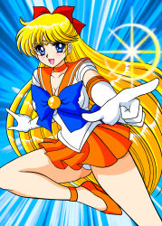 Rule 34 | 1girl, :d, aino minako, bare legs, bishoujo senshi sailor moon, blonde hair, blue eyes, bow, breasts, cleavage, collarbone, commentary, elbow gloves, eyelashes, frilled skirt, frills, gloves, high heels, highleg, highleg leotard, highres, knee up, leotard, long hair, looking at viewer, magical girl, medium breasts, open mouth, orange skirt, outstretched hand, panties, panty pull, parted bangs, sailor senshi uniform, sailor venus, short sleeves, skirt, smile, solo, sparkle, tatsumi kyouhei, thighs, tiara, underwear, white gloves, white leotard