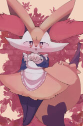 Rule 34 | 1girl, :3, animal ear fluff, animal ears, animal focus, apron, arm at side, black fur, blue shirt, blush, body fur, braixen, bright pupils, clothed pokemon, creatures (company), fang, female focus, flat chest, fox ears, fox girl, fox tail, frilled apron, frills, full body, furry, furry female, game freak, gen 6 pokemon, hand up, happy, highres, legs together, long sleeves, looking at viewer, maid, maid apron, multicolored fur, nintendo, nose blush, open mouth, pokemon, pokemon (creature), red background, red eyes, sakuyan (sakuyan1007), shirt, smile, solo, standing, stick, tail, white apron, white fur, white pupils, yellow fur