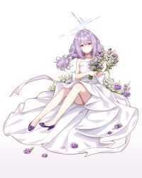 Rule 34 | 1girl, absurdres, alternate costume, alternate hairstyle, atsuko (blue archive), bare arms, blue archive, bouquet, braid, breasts, bride, choker, closed mouth, collarbone, dot mouth, dress, flower, gradient background, hair ribbon, halo, high heels, highres, holding, holding bouquet, legs, light purple hair, long hair, looking at viewer, low twin braids, picter, purple footwear, red eyes, ribbon, ribbon choker, sleeveless, sleeveless dress, small breasts, solo, thighs, twin braids, wedding dress, white choker, white dress, white ribbon