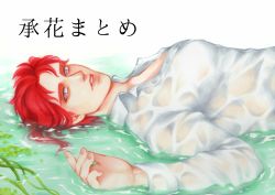 Rule 34 | 1boy, bad id, bad pixiv id, fukuyouri sp, haraodori sp, highres, jojo no kimyou na bouken, kakyoin noriaki, looking at viewer, lying, male focus, on back, partially submerged, plant, purple eyes, red hair, solo, translation request, upper body, wet