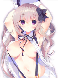 Rule 34 | 1girl, amanagi seiji, armpits, arms up, black ribbon, blush, breasts, frills, gloves, grey hair, hair between eyes, hat, holding, holding clothes, holding hat, large breasts, long hair, looking at viewer, miniskirt, navel, nipples, open clothes, original, parted lips, pleated skirt, purple eyes, ribbon, skirt, sleeveless, solo, suspenders, tsurime, unworn hat, unworn headwear, upper body, very long hair, wavy hair, white gloves, white hat, white skirt