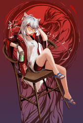 Rule 34 | 1girl, adapted costume, bow, bracelet, chair, cigarette, collar, commentary, contemporary, dated, earrings, flip-flops, fujiwara no mokou, full body, grey hair, hair bow, hand on own head, highres, jacket, jewelry, knee up, long hair, looking at viewer, multiple rings, nail polish, necklace, open clothes, open jacket, orange-tinted eyewear, parted lips, red bow, red eyes, red jacket, red nails, red shorts, ring, sandals, shirt, shorts, signature, sitting, smoking, solo, sunglasses, tinted eyewear, toenail polish, toenails, touhou, two-tone bow, wd409975991, white bow, white shirt, wide sleeves