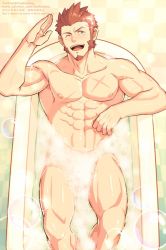 Rule 34 | 1boy, abs, bad id, bad twitter id, bara, bath, bathing, bathroom, bathtub, blue eyes, blush, brown hair, completely nude, facial hair, fate/grand order, fate (series), indoors, long sideburns, looking at viewer, male focus, napoleon bonaparte (fate), navel, nipples, nude, open mouth, partially submerged, pectorals, scar, sideburns, smile, solo, water, wet, yaekaidou, yaoi