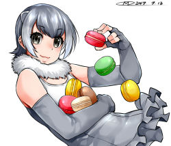 Rule 34 | 10s, 1girl, animal ears, blush, elbow gloves, fingerless gloves, food, fur collar, gloves, grey eyes, grey hair, happa (cloverppd), kemono friends, macaron, multicolored hair, otter ears, small-clawed otter (kemono friends), smile, white background