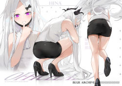 Rule 34 | 1girl, ass, bad id, bad twitter id, bare arms, bare legs, bare shoulders, black footwear, black skirt, blue archive, bow, breasts, dema hmw, demon horns, grin, hair bow, high heels, hina (blue archive), horns, long hair, looking at viewer, mask, mask pull, miniskirt, mouth mask, multiple views, parted bangs, pencil skirt, purple eyes, ribbed shirt, shirt, skirt, sleeveless, sleeveless shirt, small breasts, smile, squatting, thighs, very long hair, white hair, white shirt