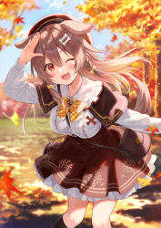 Rule 34 | 1girl, ;d, animal ears, autumn, autumn leaves, blouse, blush, bone hair ornament, bow, bowtie, braid, breasts, brown eyes, brown hair, brown skirt, buttons, dog ears, dog girl, dog tail, fangs, fukahire (ruinon), ginkgo leaf, hair between eyes, hair ornament, hairclip, hand up, high-waist skirt, highres, hololive, inugami korone, inugami korone (street), leaf, long hair, looking at viewer, one eye closed, open mouth, shirt, skirt, smile, solo, tail, twin braids, virtual youtuber, white shirt