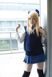 Rule 34 | 1girl, asian, black thighhighs, blonde hair, blue bow, blue sweater, blunt bangs, blurry, bow, brown eyes, building, character request, cosplay, cosplay request, cropped legs, depth of field, glass wall, hair bow, hair ornament, hands up, highres, indoors, long hair, long sleeves, looking at viewer, miniskirt, namada, photo (medium), plaid, plaid skirt, pleated skirt, school uniform, serafuku, shirt, skirt, solo, standing, sweater, sweater vest, thighhighs, white shirt, window, zettai ryouiki