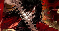 Rule 34 | 1boy, absurdres, black hair, blood, blood on face, bone, chinese commentary, coin, commentary request, covered mouth, dao gui yi xian, highres, holding, holding bone, holed coin, hydrogenbonding, li huowang, light particles, long hair, long sleeves, looking at viewer, male focus, red eyes, sanpaku, solo, spine, v-shaped eyebrows, wide sleeves
