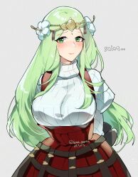 Rule 34 | 1girl, arms behind back, breasts, closed mouth, commentary request, cosplay, fire emblem, fire emblem: three houses, green eyes, green hair, grey background, high-waist skirt, highres, large breasts, long hair, looking at viewer, nintendo, raised eyebrows, red skirt, rhea (fire emblem), scarlett (unicorn overlord), scarlett (unicorn overlord) (cosplay), simple background, skirt, solo, unicorn overlord, yomusugara (uzo-muzo)