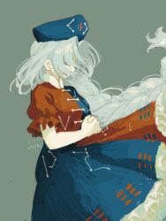 Rule 34 | 1girl, blue dress, blue hat, braid, braided ponytail, canariadraw, closed eyes, commentary, constellation print, dated, dress, grey background, hat, highres, long hair, nurse cap, own hands clasped, own hands together, red dress, simple background, solo, touhou, trigram, two-tone dress, very long hair, yagokoro eirin
