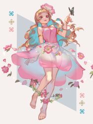 Rule 34 | 1girl, armlet, aruk, barefoot, blonde hair, blunt bangs, breasts, bug, butterfly, commentary request, dress, flower, full body, hair flower, hair ornament, highres, insect, jewelry, long hair, looking at viewer, medium breasts, necklace, original, pink dress, sleeveless, sleeveless dress, solo
